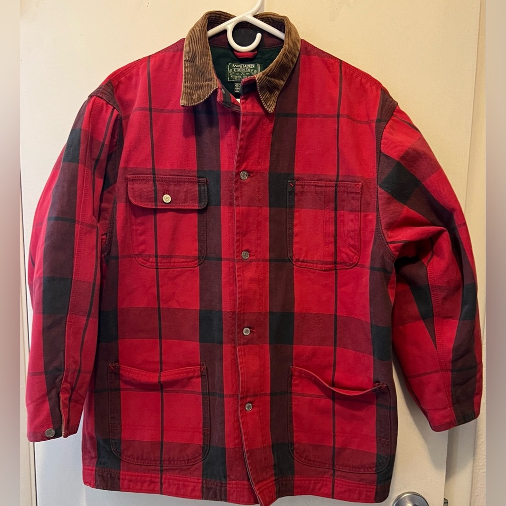 VTG Ralph Lauren Red and Black Plaid Field Jacket with Brown Corduroy Collar